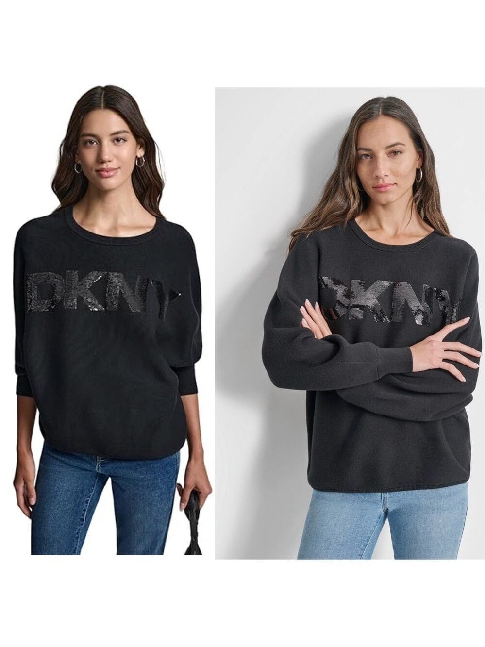 DKNY Jeans black sequin sparkly logo long web sleeve oversized sweater Sz L